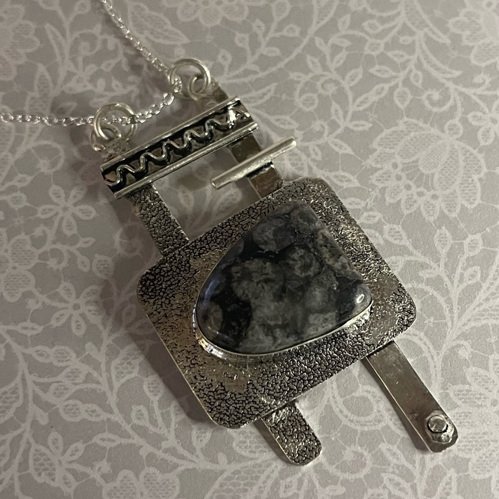 New 925 Sterling Silver Turritella Agate Coral Fossil Artisan Geometric Necklace - Picture 10 of 17